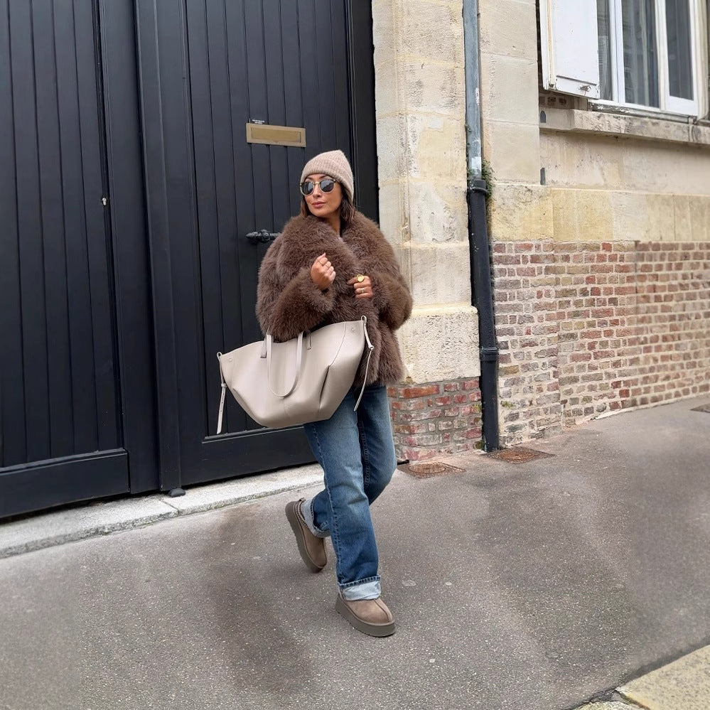 Damen Kunstpelz-Jacke mit breitem Kragen und luxuriösem Look R&B