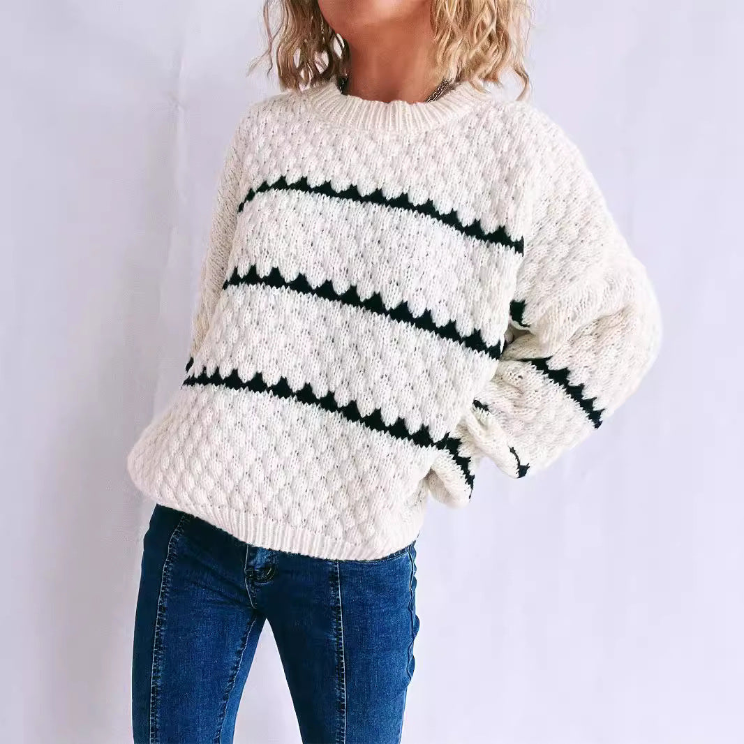 Damen Grobstrickpullover mit kontrastierenden Streifen R&B