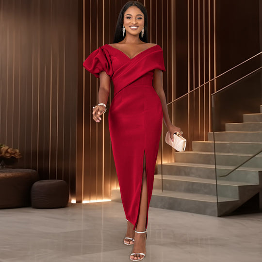 Damen Elegantes Maxikleid mit asymmetrischem Ausschnitt und voluminösen Puffärmeln R&B