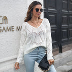 Damen Luftiger Strickpullover mit V-Ausschnitt und auffälligem Lochmuster R&B