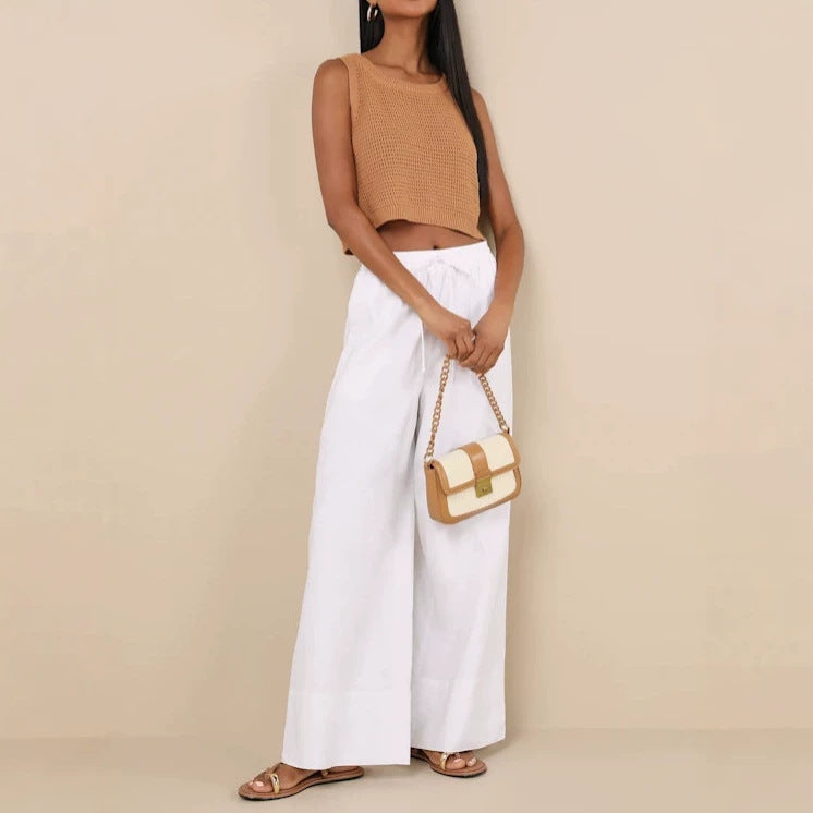 Damen Weite Leinenhose mit elastischem Bund und seitlichen Taschen R&B
