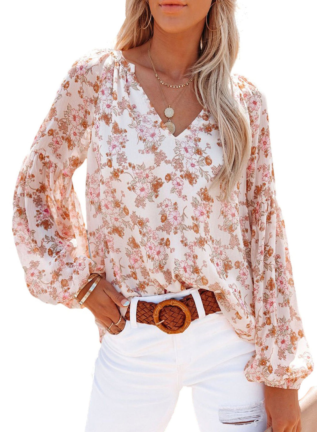 Damen Bluse mit floralen Mustern und V-Ausschnitt R&B
