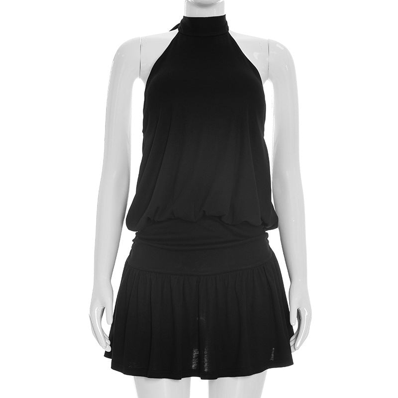 Damen lässiges Trägerkleid mit hochgeschlossenem Design und gerafftem Saum R&B