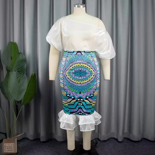 Damen Elegantes Kleid mit asymmetrischem Design und buntem Print R&B