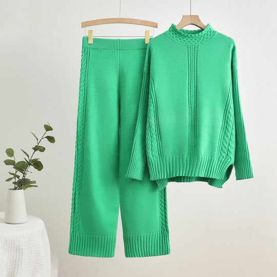 Damen komfortables Strick-Loungewear-Set mit hohen Bündchen und dekorativen Zopfmustern R&B