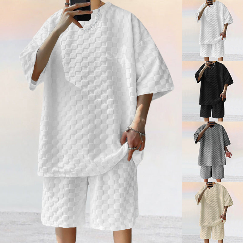 Unisex nan übergroßes Freizeit-Set aus strukturierter Waffelqualität mit Rundhalsausschnitt und locker sitzender Bermudashorts R&B