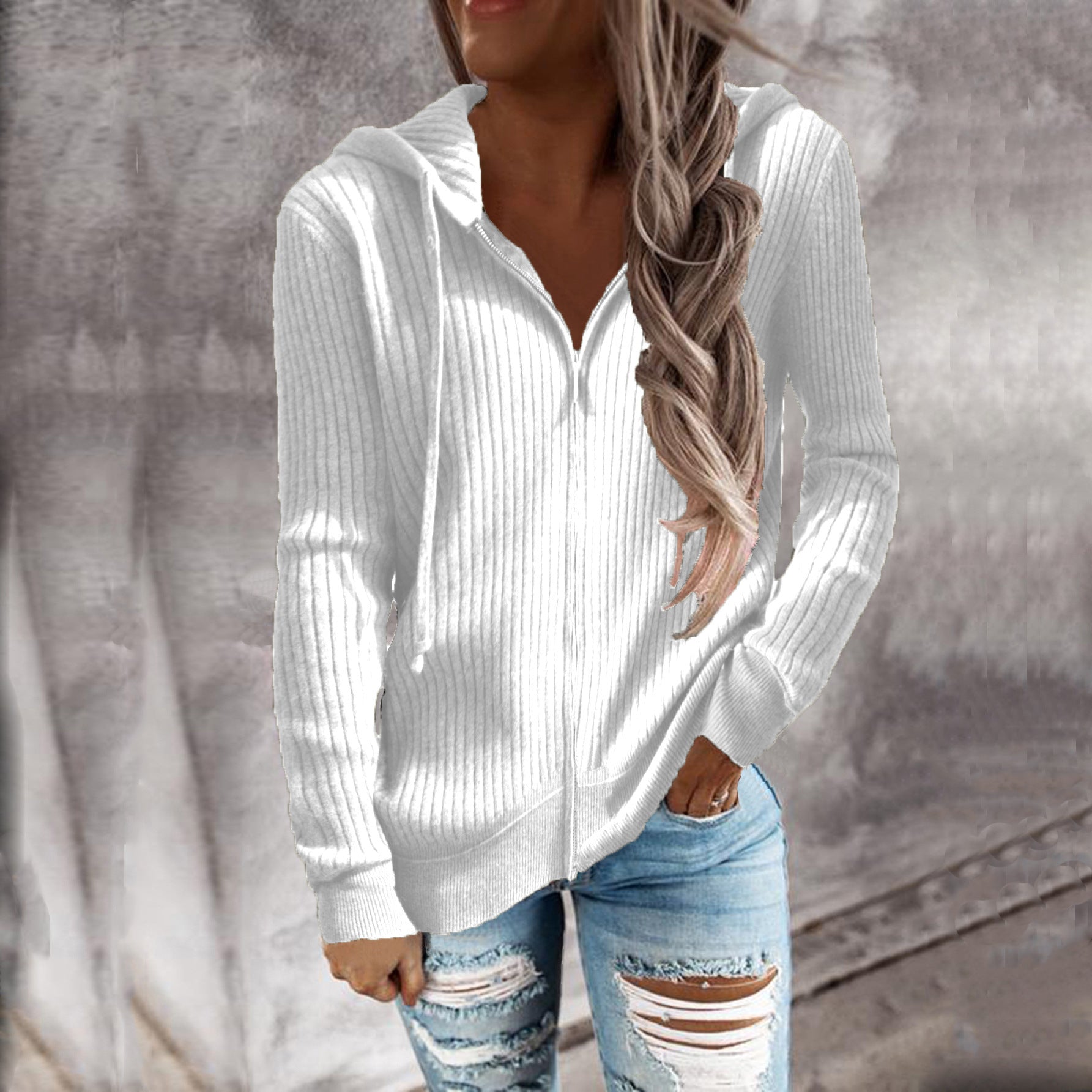 Damen Strickjacke mit Kapuze und Rippstruktur R&B