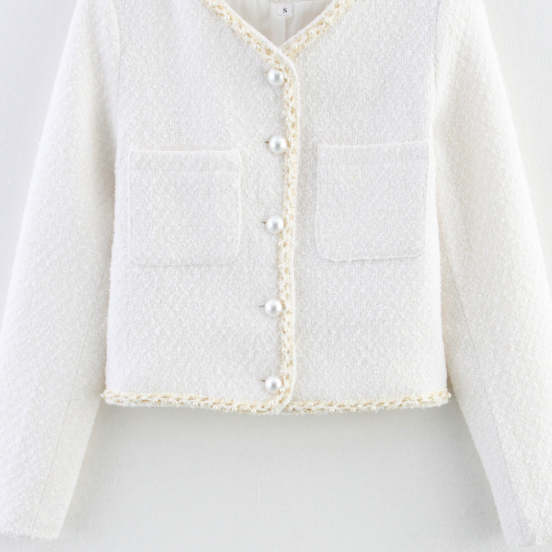 Damen modische Bouclé-Jacke mit eleganten Taschen und perlverzierten Knöpfen R&B