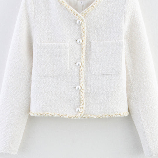 Damen modische Bouclé-Jacke mit eleganten Taschen und perlverzierten Knöpfen R&B