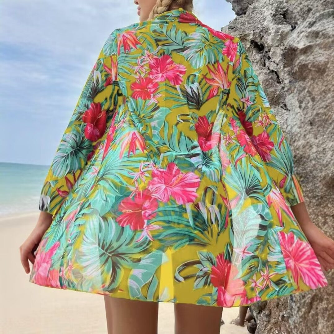 Damen Bikiniset mit floralem Muster und transparenter Strandüberwurf R&B