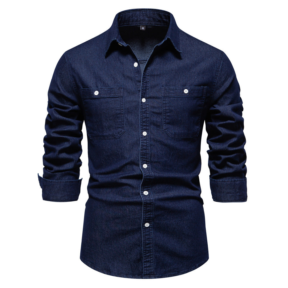 Herren nan schmal geschnittenes Denim-Hemd mit Kentkragen und aufgesetzten Brusttaschen R&B