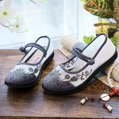 Damen Ballerinas mit handbesticktem Blumendesign und elastischem Riemen R&B