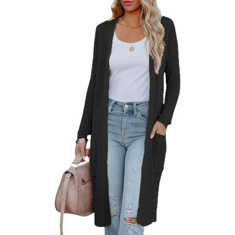 Damen Langer Strickcardigan mit elegantem offenes Design und praktischen Taschen R&B
