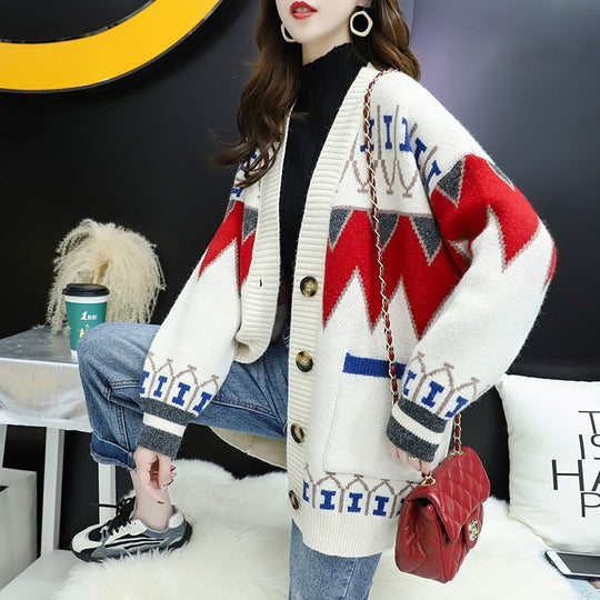 Damen Strickjacke mit farbenfrohem Design und großen Knöpfen R&B