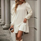Damen Strickkleid mit Puffärmeln und dekorativem Rüschensaum R&B