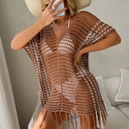Damen luftiger Häkel-Strandüberwurf mit fransigen Details R&B