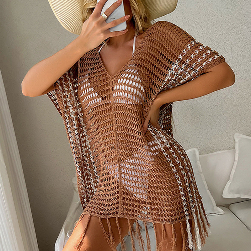 Damen luftiger Häkel-Strandüberwurf mit fransigen Details R&B