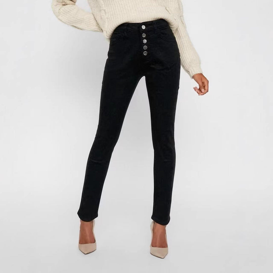 Damen Slim-Fit Jeans mit eleganter Knopfleiste und hohem Bund R&B