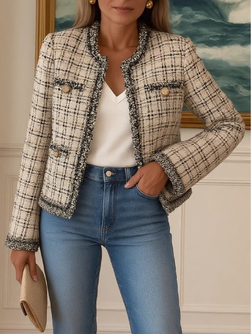 Damen nan kurze Bouclé-Tweedjacke im klassischen Schnitt mit Fransenbesatz und Zierknöpfen R&B