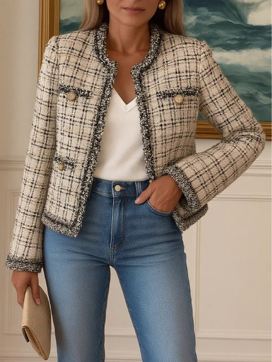 Damen nan kurze Bouclé-Tweedjacke im klassischen Schnitt mit Fransenbesatz und Zierknöpfen R&B