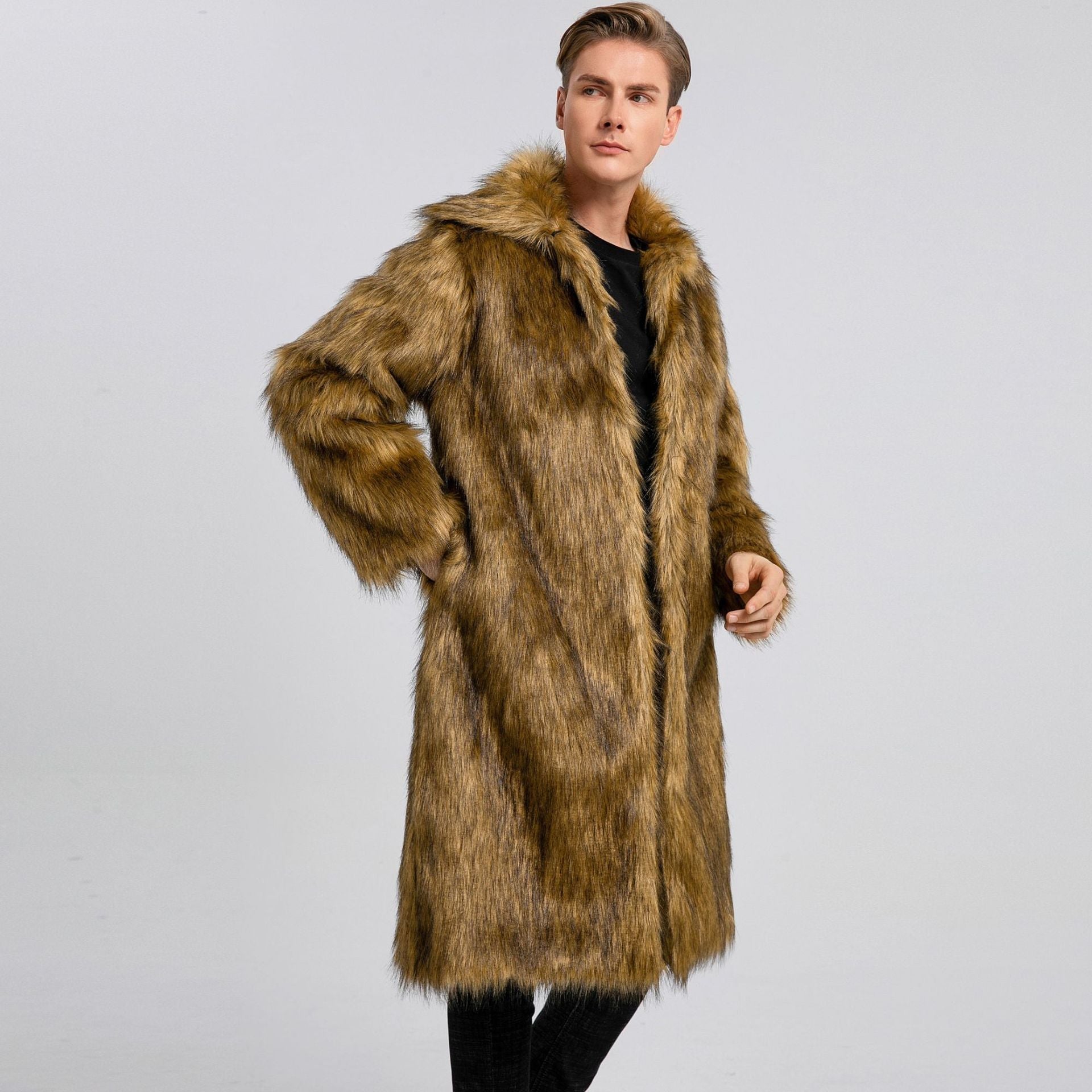 Herren Luxuriöser Kunstfell-Mantel mit voluminösem Kragen R&B