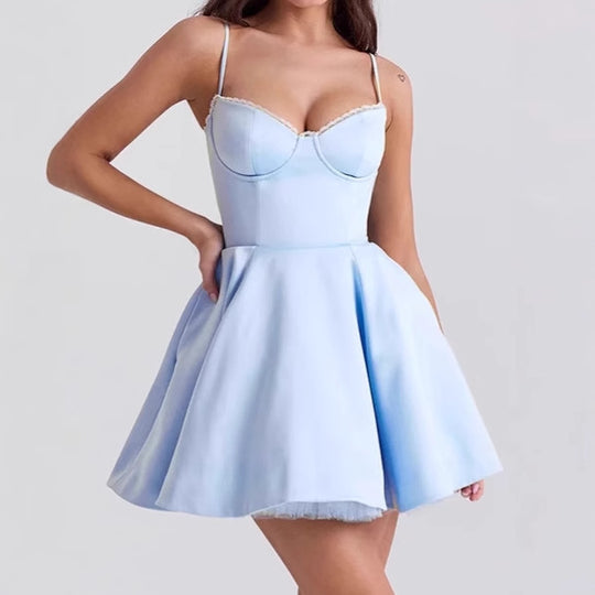 Damen Verspieltes A-Linien Kleid mit Spitzenbustier und verstellbaren Trägern R&B