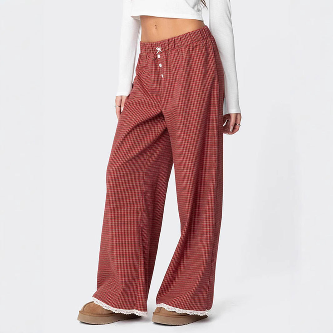 Damen Weit geschnittene Karohose mit Spitzendetails R&B