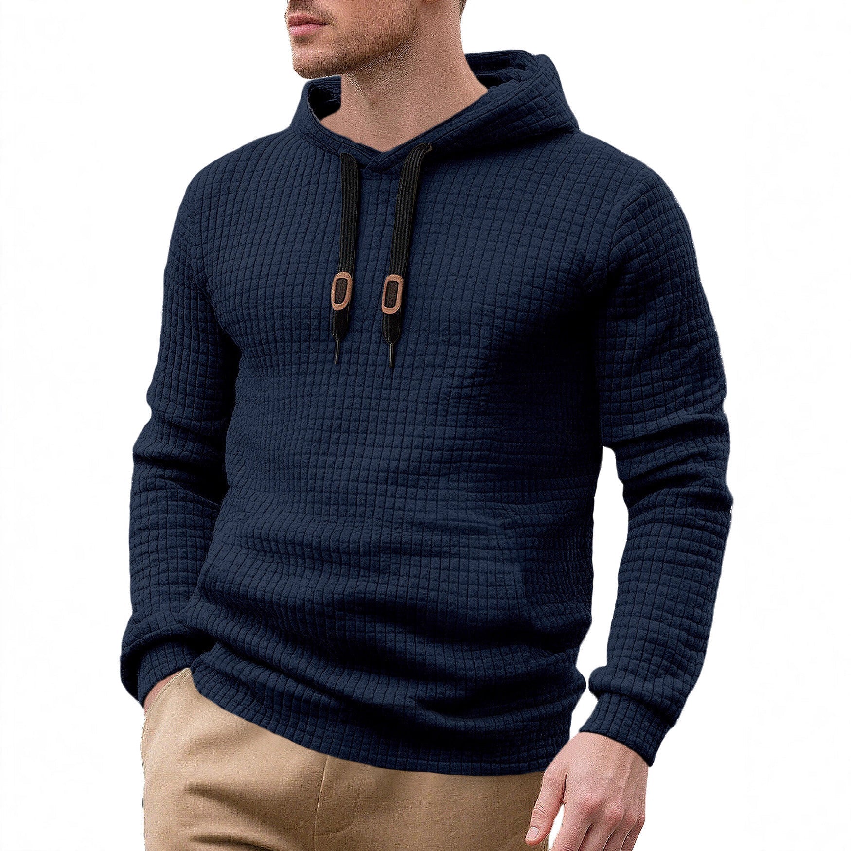 Herren nan schmal geschnittener Stepp-Kapuzenpullover mit feiner Quadratstruktur, Kordelzug und geripptem Saum R&B