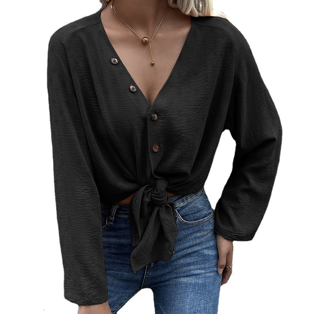 Damen lässiges Langarm-Oberteil mit Knoten und Knopfdetails R&B