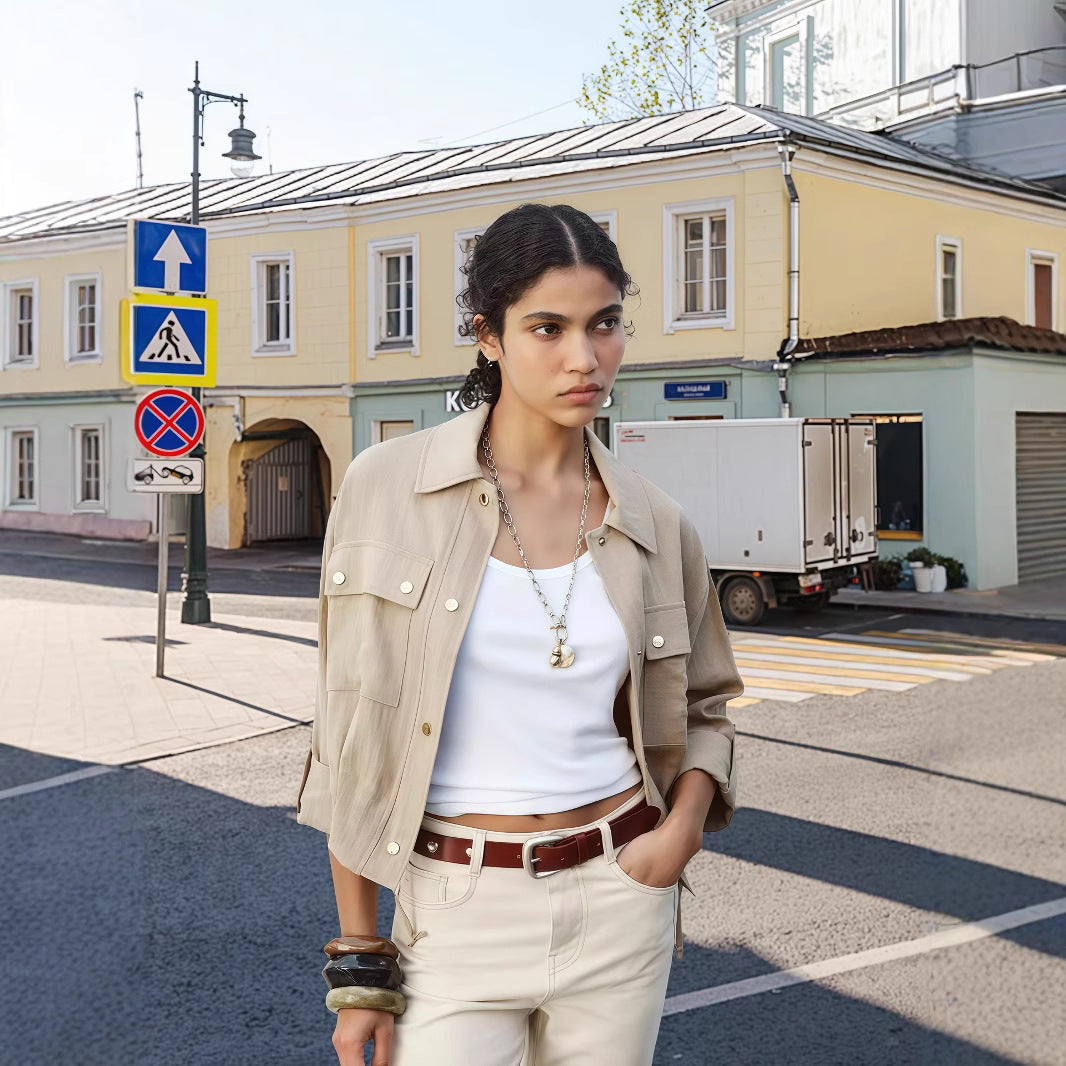 Damen lockere Utility-Jacke mit Taschen R&B