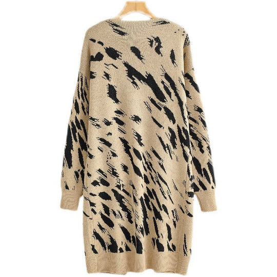 Damen Grobstrick-Cardigan mit modischem Leopardenmuster und praktischen Taschen R&B