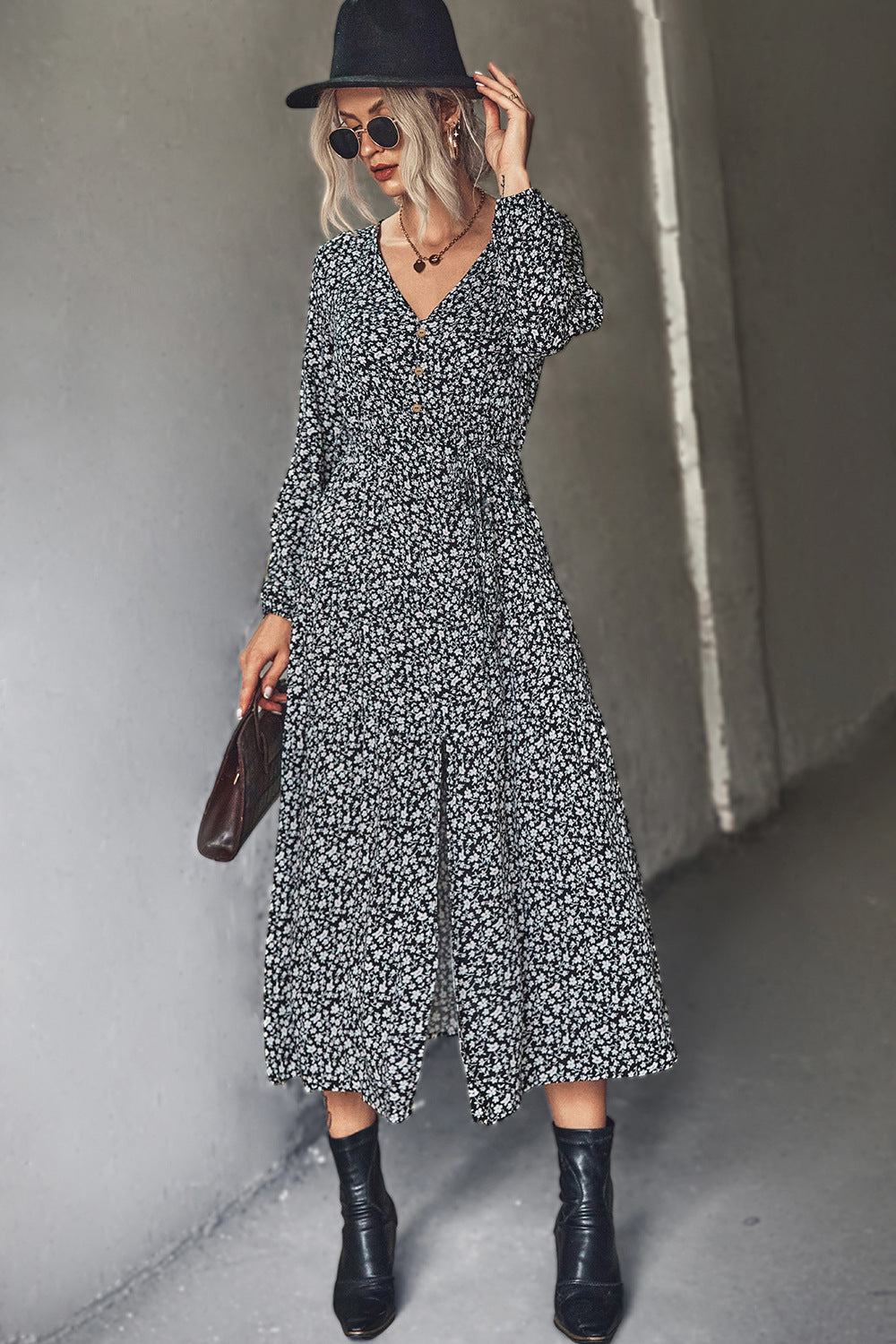 Damen Maxikleid mit elastischem Taillenbund und floralen Mustern R&B