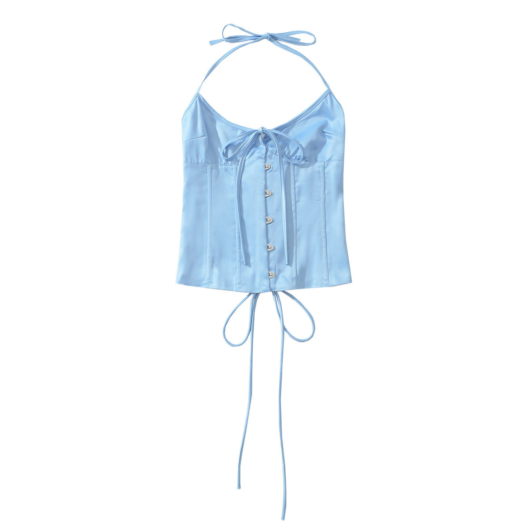 Damen Satin-Nachtkleid mit dekorativen Bindebändern und Knopfleiste R&B