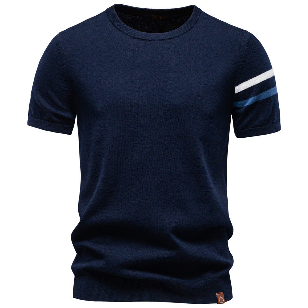 Herren nan feines Baumwollstrickshirt mit Rundhalsausschnitt kurzärmelig und kontrastierenden Ärmelstreifen R&B