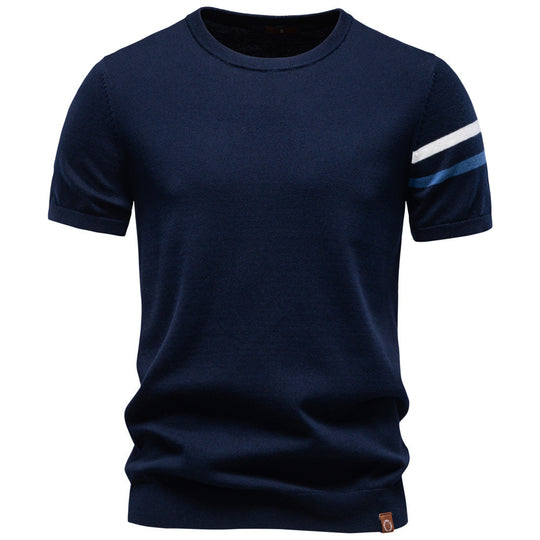 Herren nan feines Baumwollstrickshirt mit Rundhalsausschnitt kurzärmelig und kontrastierenden Ärmelstreifen R&B