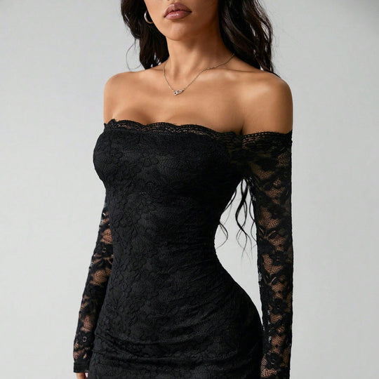 Damen Spitzenkleid mit schulterfreiem Design und langen Ärmeln R&B