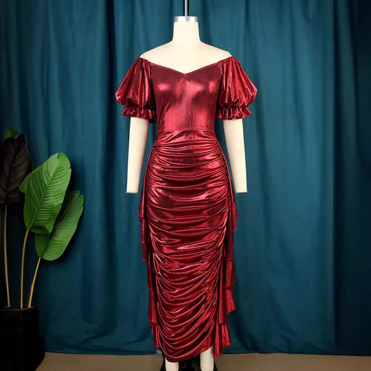 Damen elegantes Kleid mit voluminösen Ballonärmeln und asymmetrischem Saum R&B