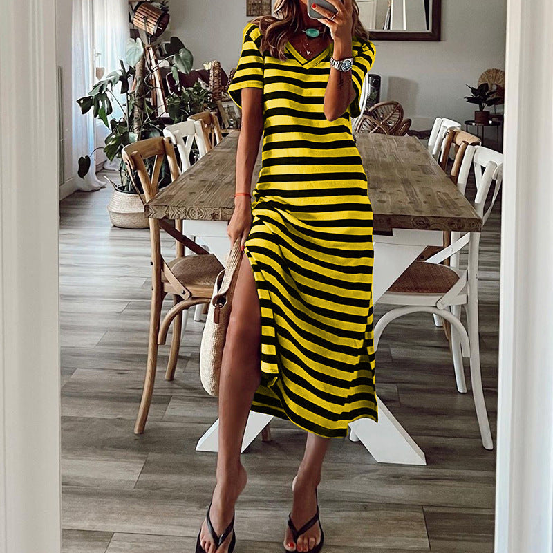 Damen Maxikleid mit tiefem Seitenschlitz und modischem Streifenmuster R&B