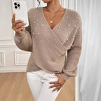 Damen offener Strickpullover mit Perlendetails R&B