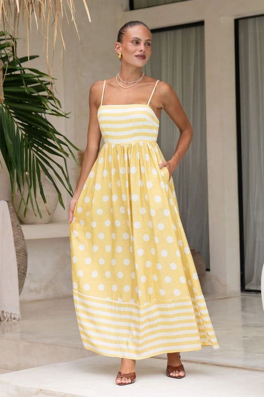 Damen Maxikleid mit gerafftem Oberteil und verspieltem Punkt- und Streifenmuster R&B