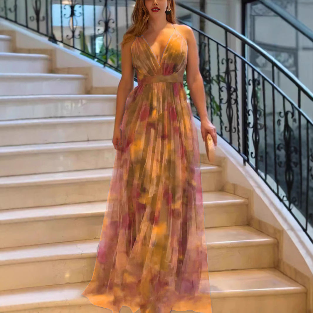 Damen Elegantes Maxikleid mit tiefem V-Ausschnitt und luftigen Stoffschichten R&B