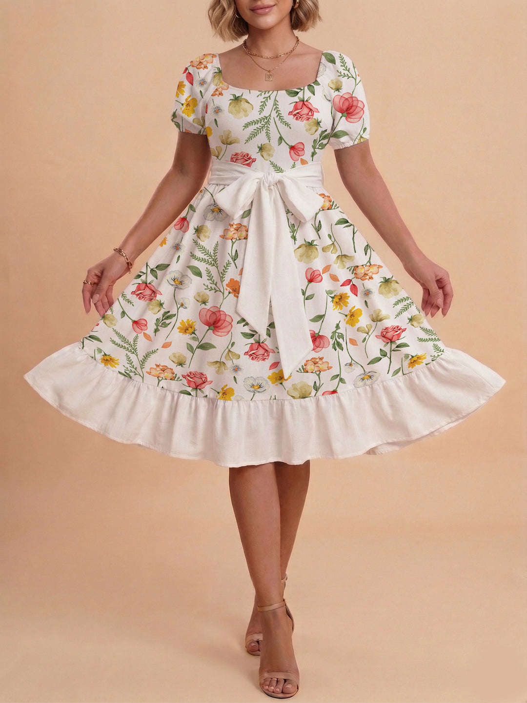 Damen Blumenkleid mit taillierbarem Gürtel und voluminösen Ärmeln R&B