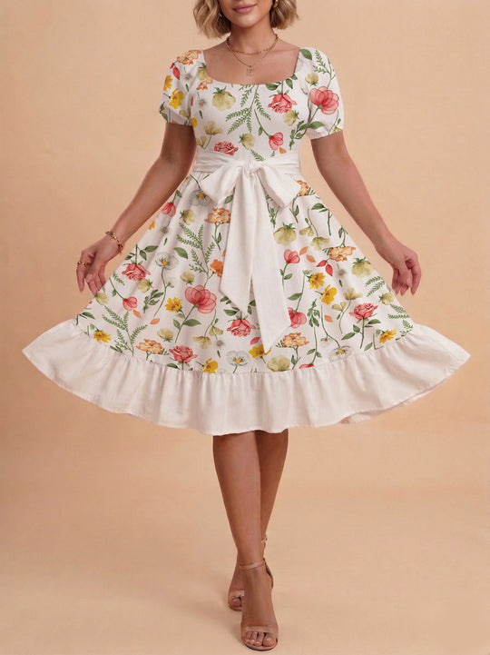 Damen Blumenkleid mit taillierbarem Gürtel und voluminösen Ärmeln R&B