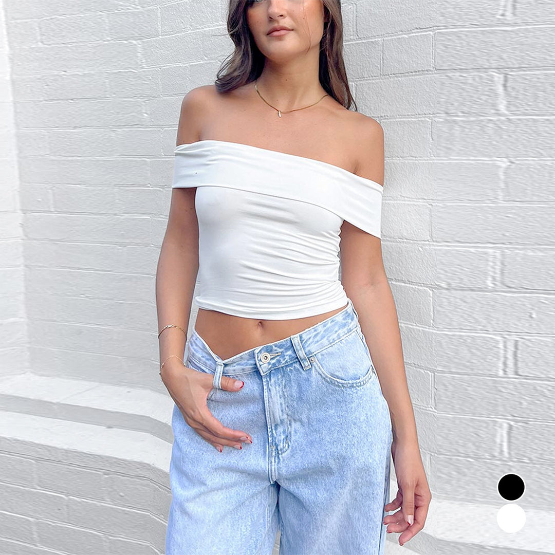 Damen Off-Shoulder Crop-Top aus elastischem Material mit figurformendem Design R&B