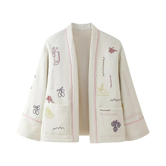 Damen gestickte Baumwolljacke mit großen Taschen und lässigem Schnitt R&B