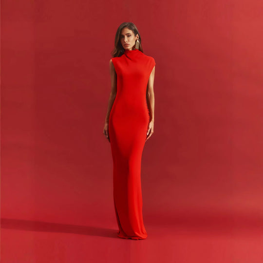 Damen stilvolles Maxikleid mit asymmetrischem Schnitt und hohem Stehkragen R&B