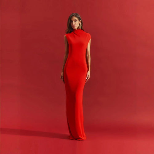 Damen stilvolles Maxikleid mit asymmetrischem Schnitt und hohem Stehkragen R&B