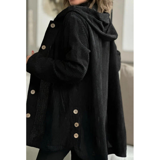 R&B | Jacke mit Kapuze Cord Lockere Passform Mittlere Länge Knopfdetails