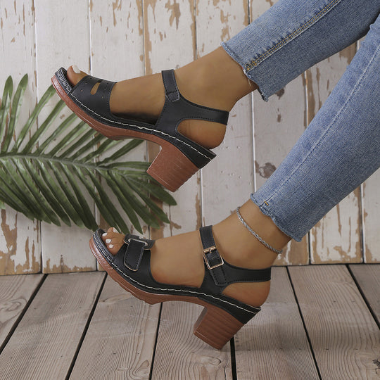 Damen modische Sandaletten mit eleganter Schnalle und Holz-Blockabsatz R&B