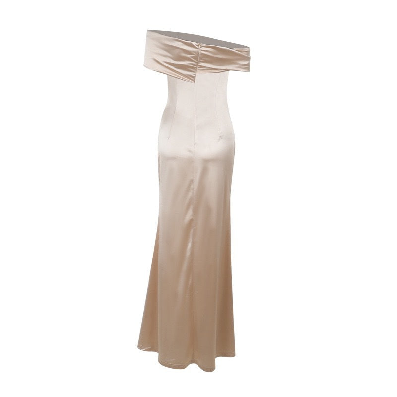 Damen Elegantes Satin Abendkleid mit asymmetrischem Träger und hohem Schlitz R&B